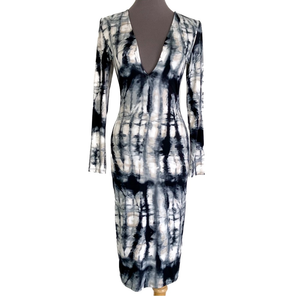 Fashion Nova Inky Black Tie Dye Plunge V Neck Long Sleeve Bodycon Midi Dress NWT